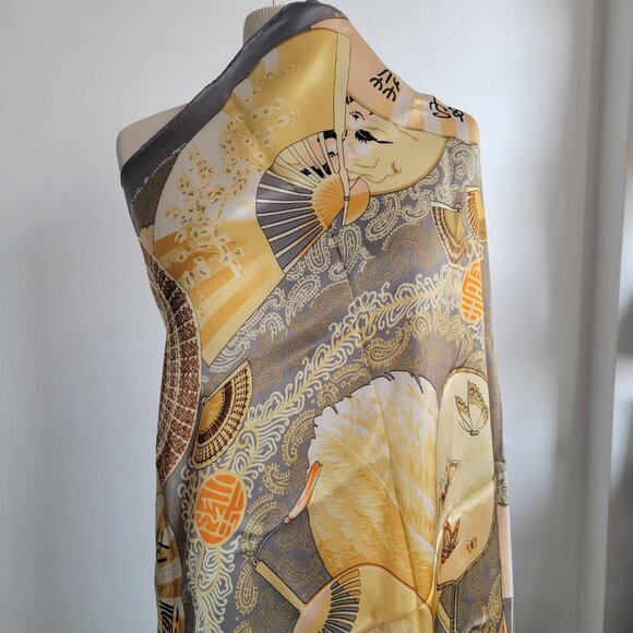 Vintage Huali 100% Silk Asian Fan Design Ladies Scarf - Picture 11 of 15